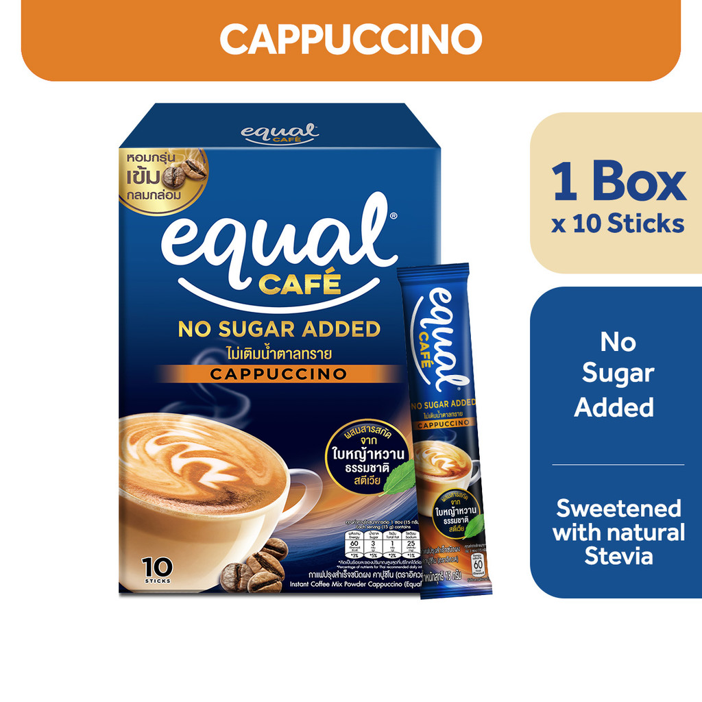 1 CASE - EQUAL CAFE CAPUCCINO, 3-IN-1 Coffee Mix - Natural Stevia Sweetener - (10 Sticks x 12 Boxes)