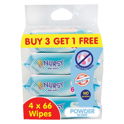 [BUNDLE OF 2 or 6]  Nursy Baby Wipes in Powder Scent 4 packs x 66 wipes
