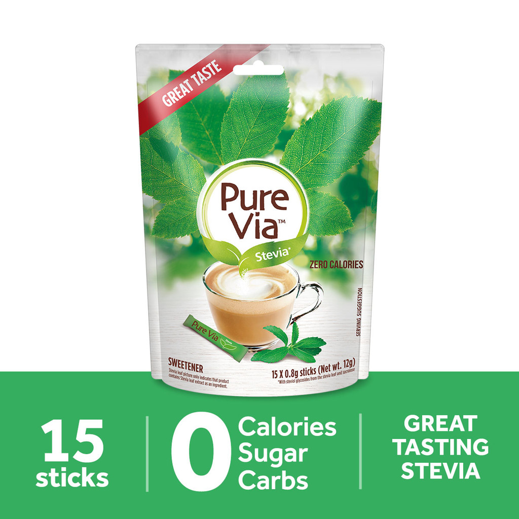 1 CASE - PURE VIA STEVIA 15 Zero Calorie Sweetener - Stevia Sweetener, Sugar Free - (15 Sticks x 36 Packs)