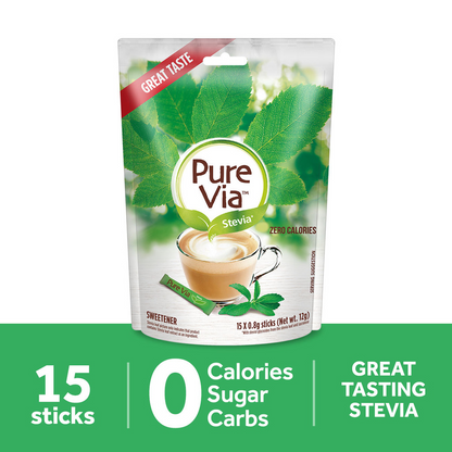 1 CASE - PURE VIA STEVIA 15 Zero Calorie Sweetener - Stevia Sweetener, Sugar Free - (15 Sticks x 36 Packs)