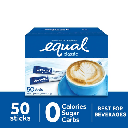 1 CASE - EQUAL CLASSIC 50 Zero Calorie Sweetener - Sugar Substitute, Diabetic Friendly -  (50 Sticks x 12 Boxes)
