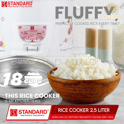 STANDARD RICE COOKER (1000w) - 2.5 Liters (18cups) - with steamer and glass cover