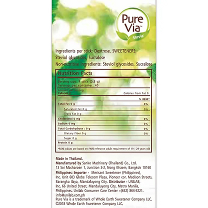 1 CASE - PURE VIA STEVIA 15 Zero Calorie Sweetener - Stevia Sweetener, Sugar Free - (15 Sticks x 36 Packs)