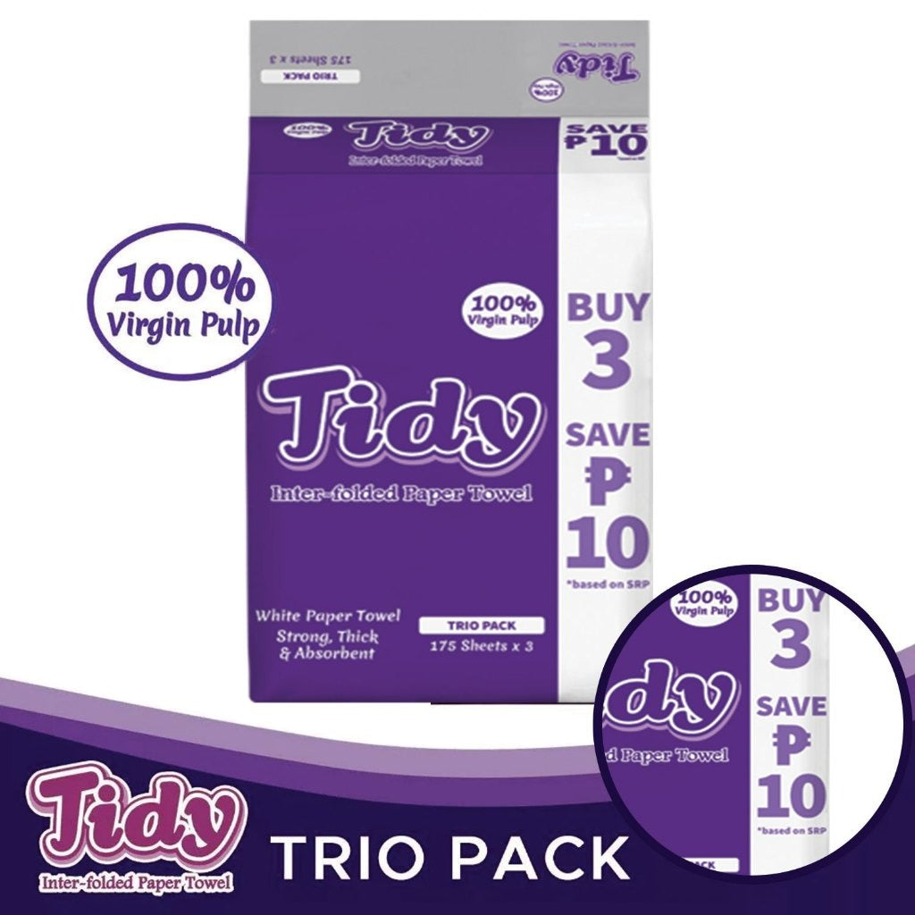 Bundle of 2 or 8 - Tidy Trio Pack Inter-Folded Paper Towel White 3 x 175 Sheets