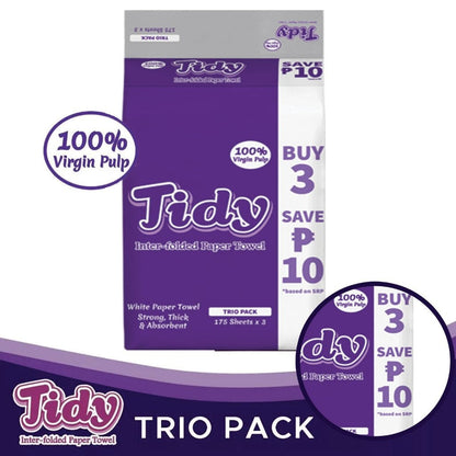 Bundle of 2 or 8 - Tidy Trio Pack Inter-Folded Paper Towel White 3 x 175 Sheets