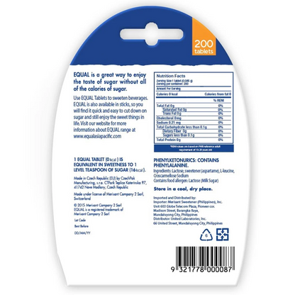 1 Case EQUAL CLASSIC TABLET 200 Zero Calorie Sweetener ( 200 Tablets x 12 ) Sugar Substitute, Diabetic Friendly