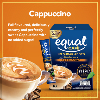 1 CASE - EQUAL CAFE CAPUCCINO, 3-IN-1 Coffee Mix - Natural Stevia Sweetener - (10 Sticks x 12 Boxes)