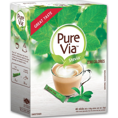 1 CASE - PURE VIA STEVIA 40 Zero Calorie Sweetener - Stevia Sweetener, Sugar Free - (40 Sticks x 12 Boxes)