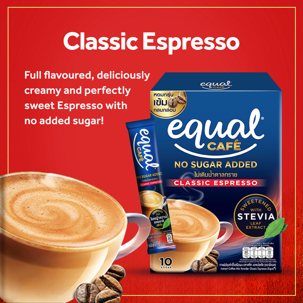 1 CASE - EQUAL CAFE CLASSIC ESPRESSO, 3-IN-1 Coffee Mix - Natural Stevia Sweetener - (10 Sticks x 12 Boxes)