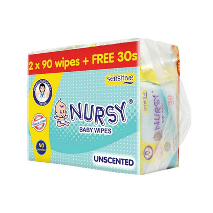 [BUNDLE OF 2 or 8] - Nursy Baby Wipes Unscented 90s x 2 + 1 Free 30 wipes