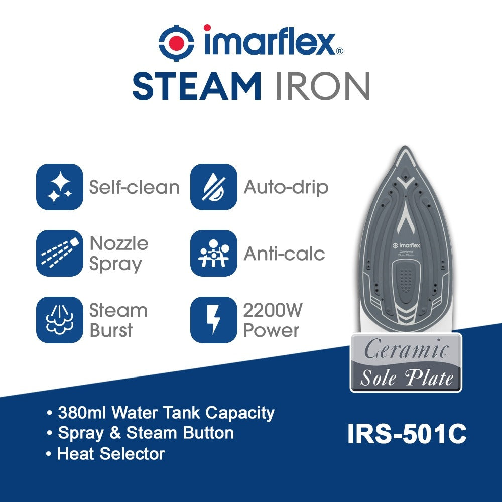 Imarflex IRS-501C Steam Flat Iron - Ceramic Sole Plate