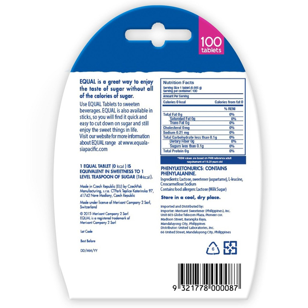 1 CASE - EQUAL CLASSIC TABLET 100 Zero Calorie Sweetener - Sugar Substitute, Diabetic Friendly - (100 Tablets x 12)