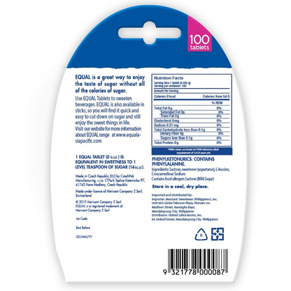 1 CASE - EQUAL CLASSIC TABLET 100 Zero Calorie Sweetener - Sugar Substitute, Diabetic Friendly - (100 Tablets x 12)