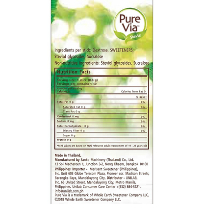 1 CASE - PURE VIA STEVIA 40 Zero Calorie Sweetener - Stevia Sweetener, Sugar Free - (40 Sticks x 12 Boxes)