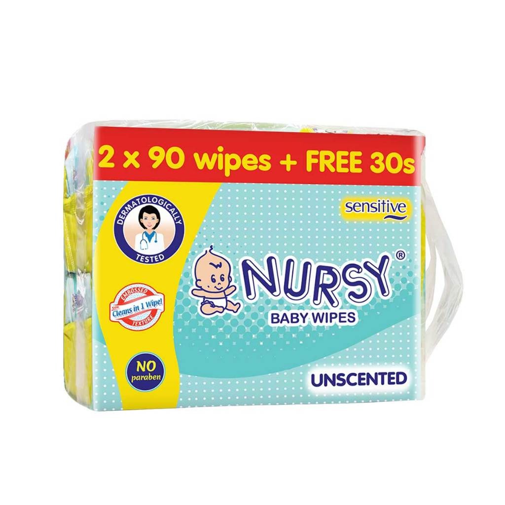 [BUNDLE OF 2 or 8] - Nursy Baby Wipes Unscented 90s x 2 + 1 Free 30 wipes