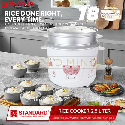STANDARD RICE COOKER (1000w) - 2.5 Liters (18cups) - with steamer and glass cover