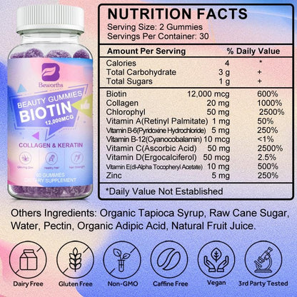 Beworths Beauty Biotin Gummies with Keratin & Collagen - 12000mcg