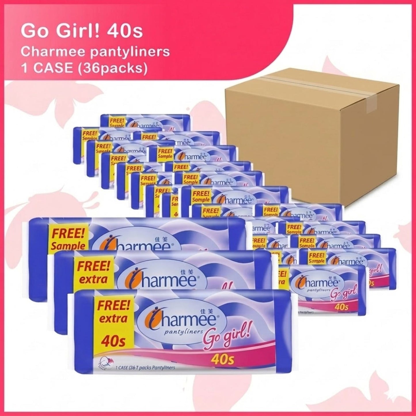 1 CASE - Charmee Pantyliners Go Girl 40s x 36 packs