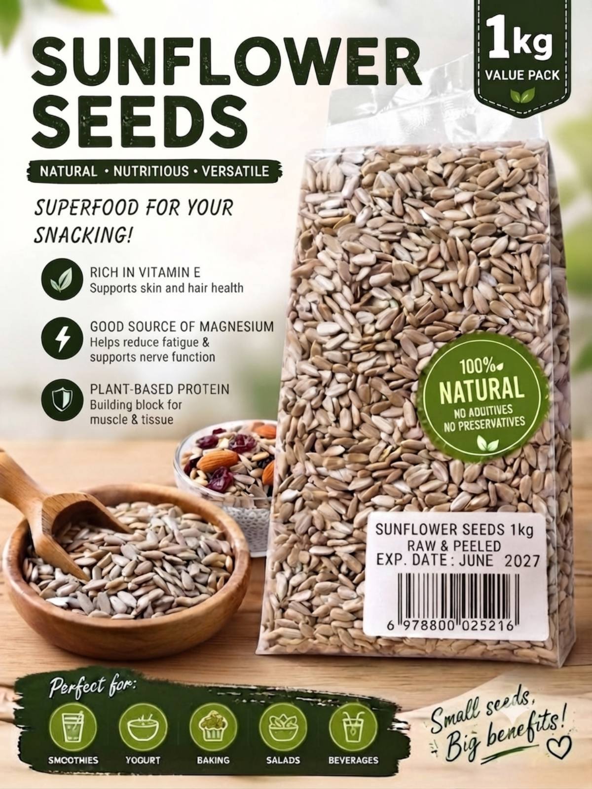 Segoi SUNFLOWER SEEDS 1kg - Raw & Peeled